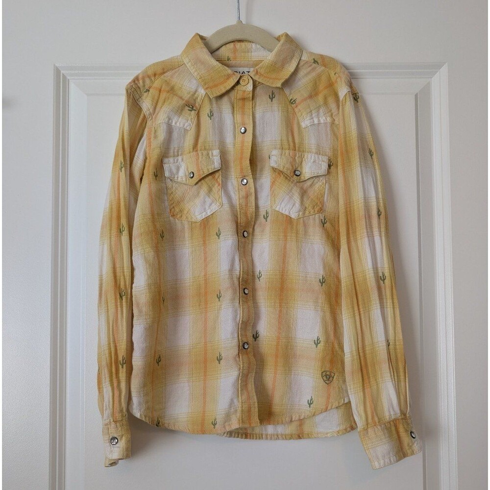 ARIAT Size M 10 Glenrock Cactus Plaid Long Sleeve Rhinestone Snap Western Top
